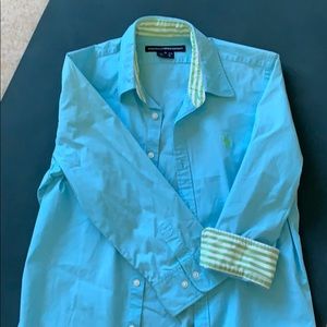 Turquoise cotton button down fitted blouse